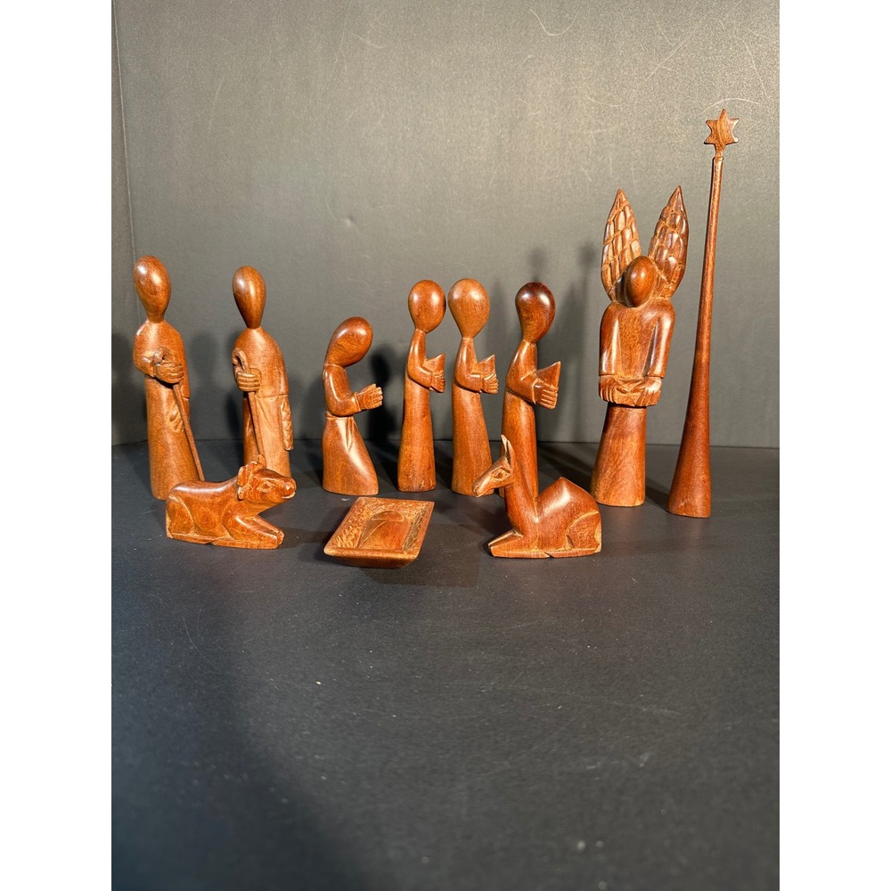 Vintage Hand Carved Wood Nativity Set 11 Piece Minimalist Christmas Decor